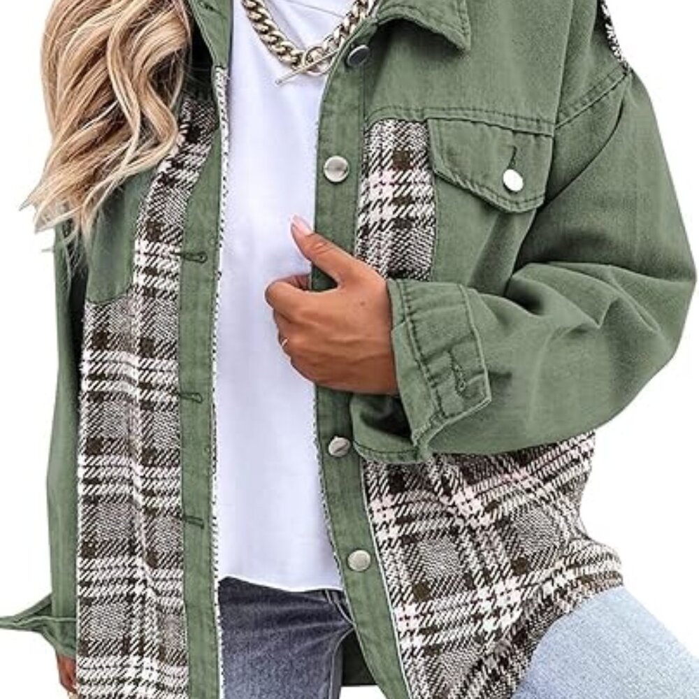 Women Denim Plaid Jacket Jean Shackets Button Down Lightweight Oversized Pockete